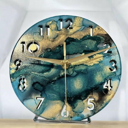 Alcohol Ink Small Clock | Teal - Gold