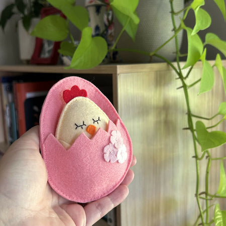 Pocket chick in egg shell bed, pocket friend, gift