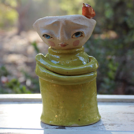clay yellow green candlestick with bird pottery