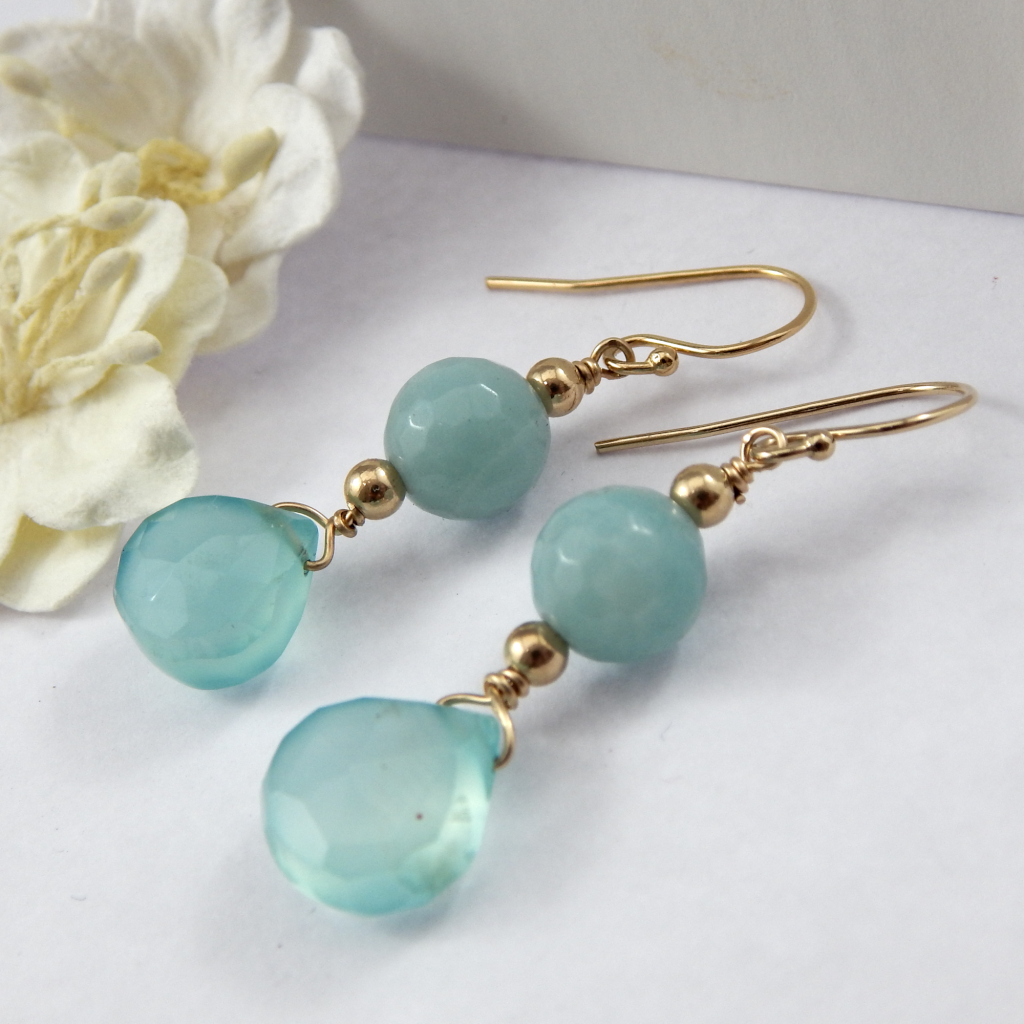 Faceted Blue Amazonite And Chalcedony Drop Earrings