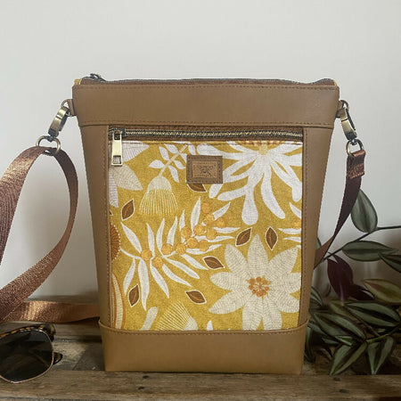 Hipster Crossbody Bag - Yellow Banksia/Tan Faux Leather