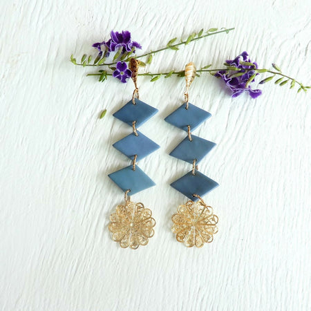 Blue-Grey & Gold Statement Polymer Clay Earrings 