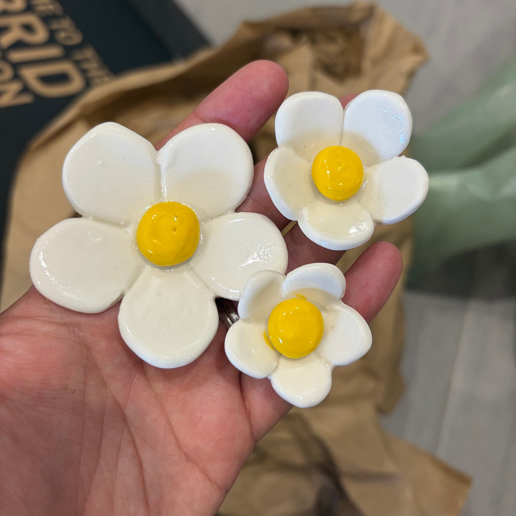 Ceramic flowers - pink, white and blue by the stem!