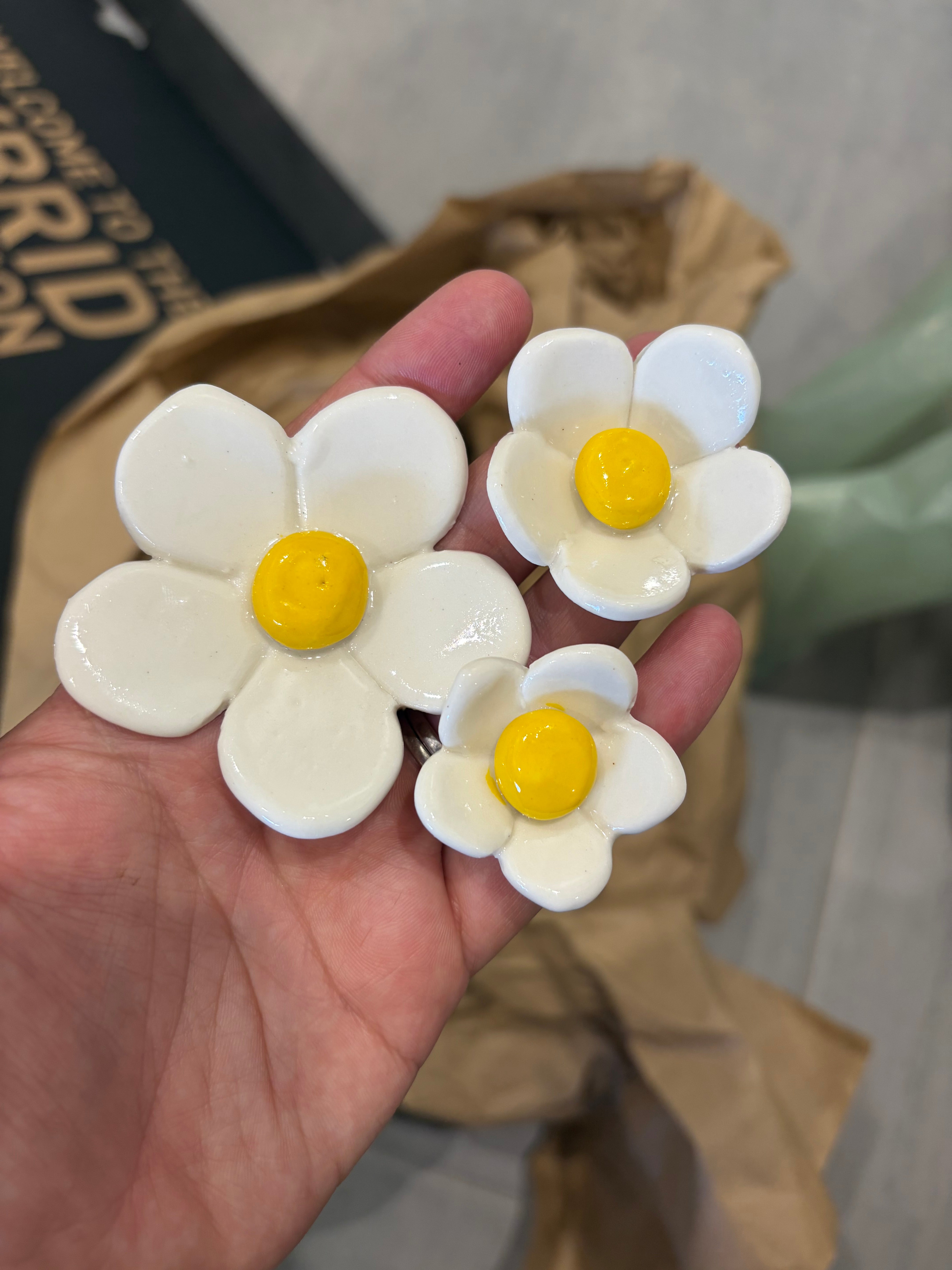 Ceramic flowers - pink, white and blue by the stem!