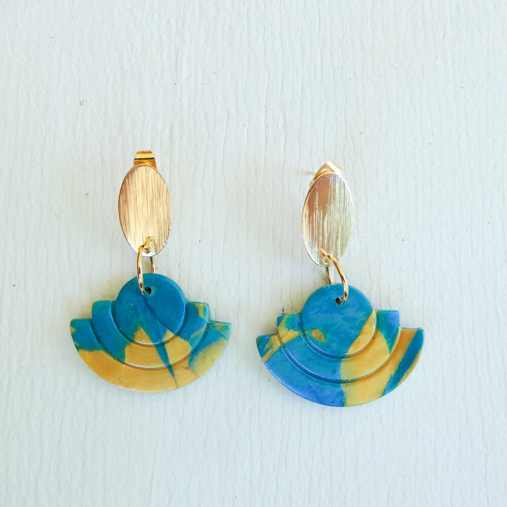 Teal and Gold Polymer Clay Earrings "Deco Teal"