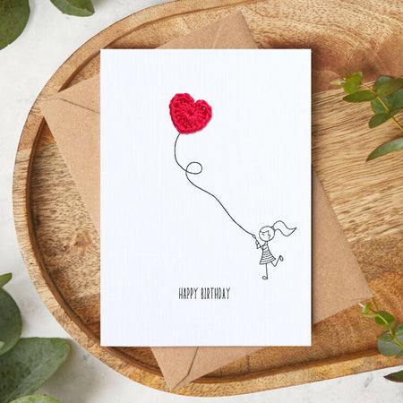 Happy Birthday – Handmade Card with Crochet Heart Balloon, A6 Greeting Card Embellished with Crochet Heart