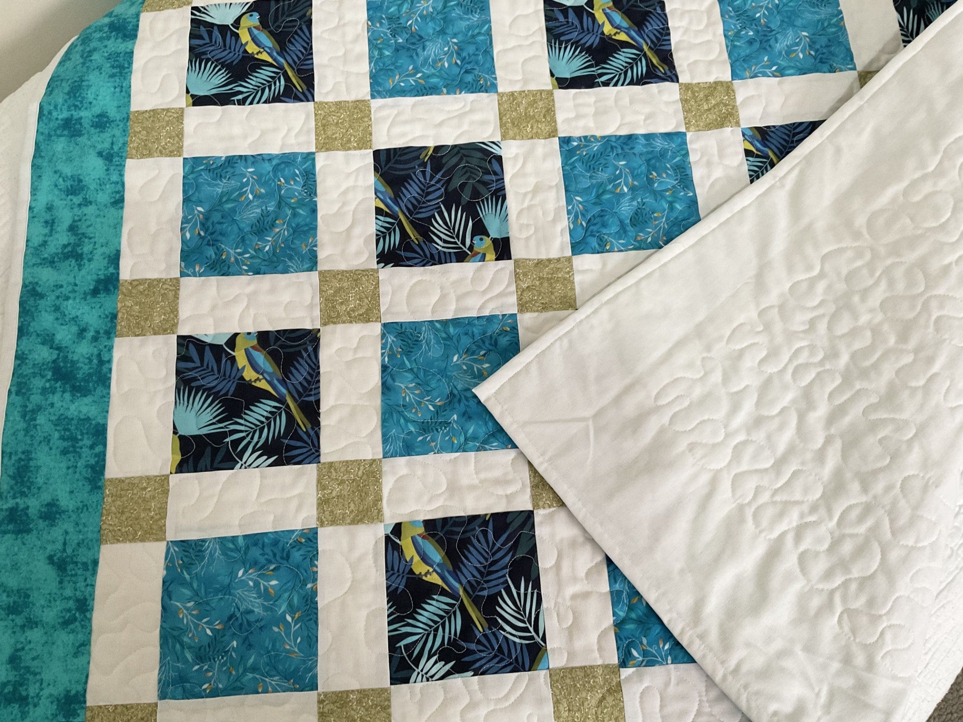 Patchwork lap quilt throw rug blanket, Turquoise Parrot