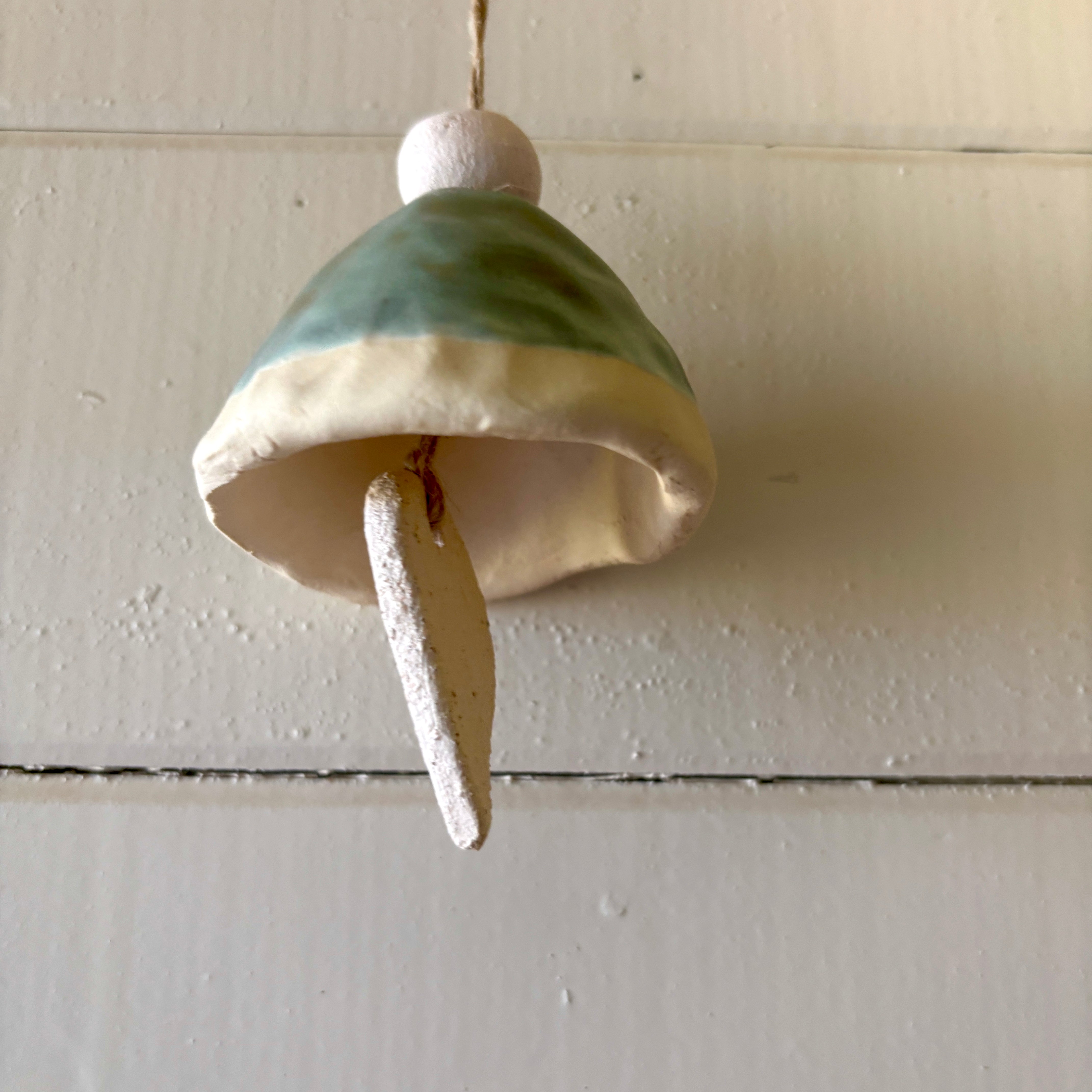 Small Ceramic Bell - White Clay - Soft Green Glaze
