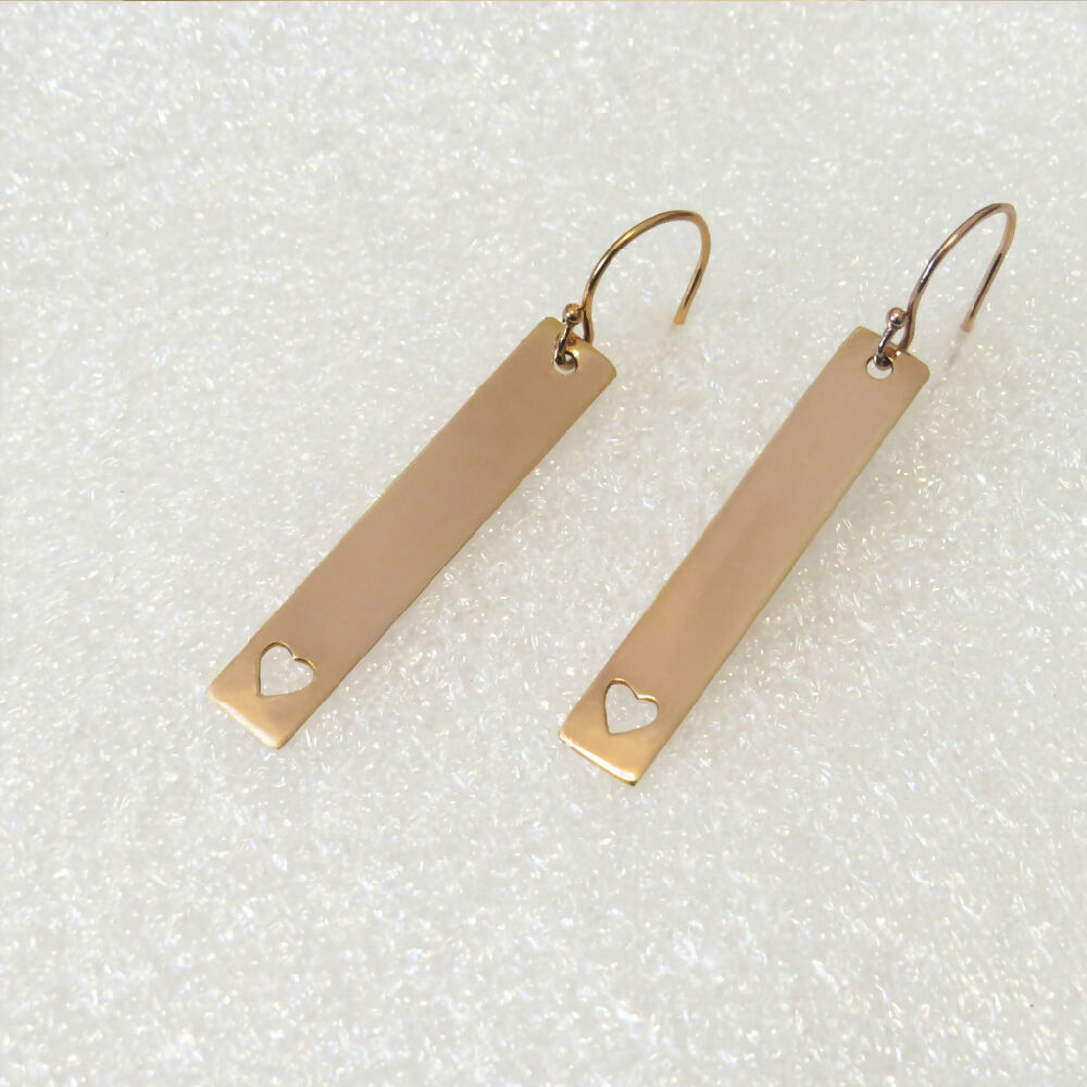 14/20K ROSE Gold Bar Drop Earrings w Heart, Geometric, Minimalist, Custom Made by Hand, Hypoallergenic