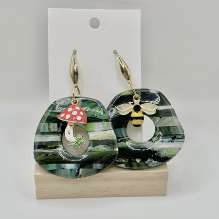 Green and Black Striped Polymer Clay Earrings with Mushroom and Bee Charms