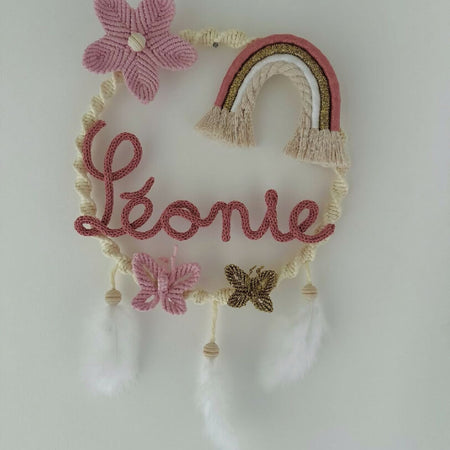 Macrame dream catcher with customise name in knitting with macrame raimbow and flower