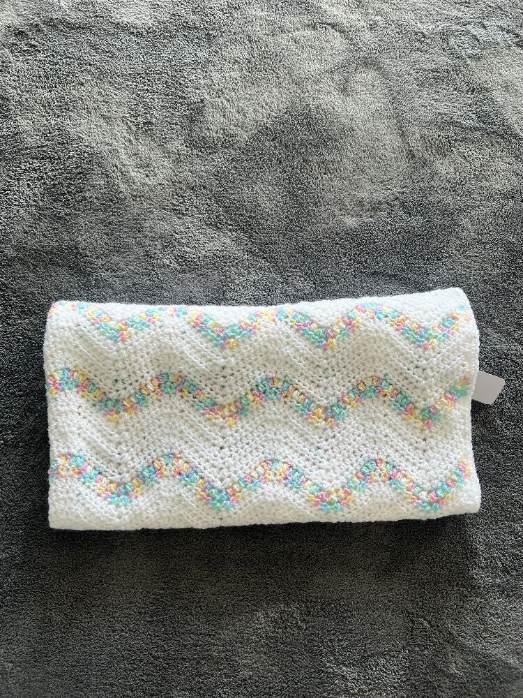 Baby Blanket | Handmade Crochet | Ripple Rainbow and White