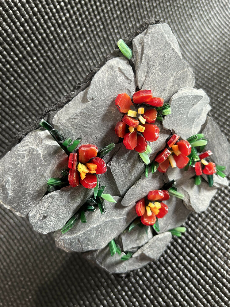 Stained Glass Red Flowers and Slate Mosaic Block