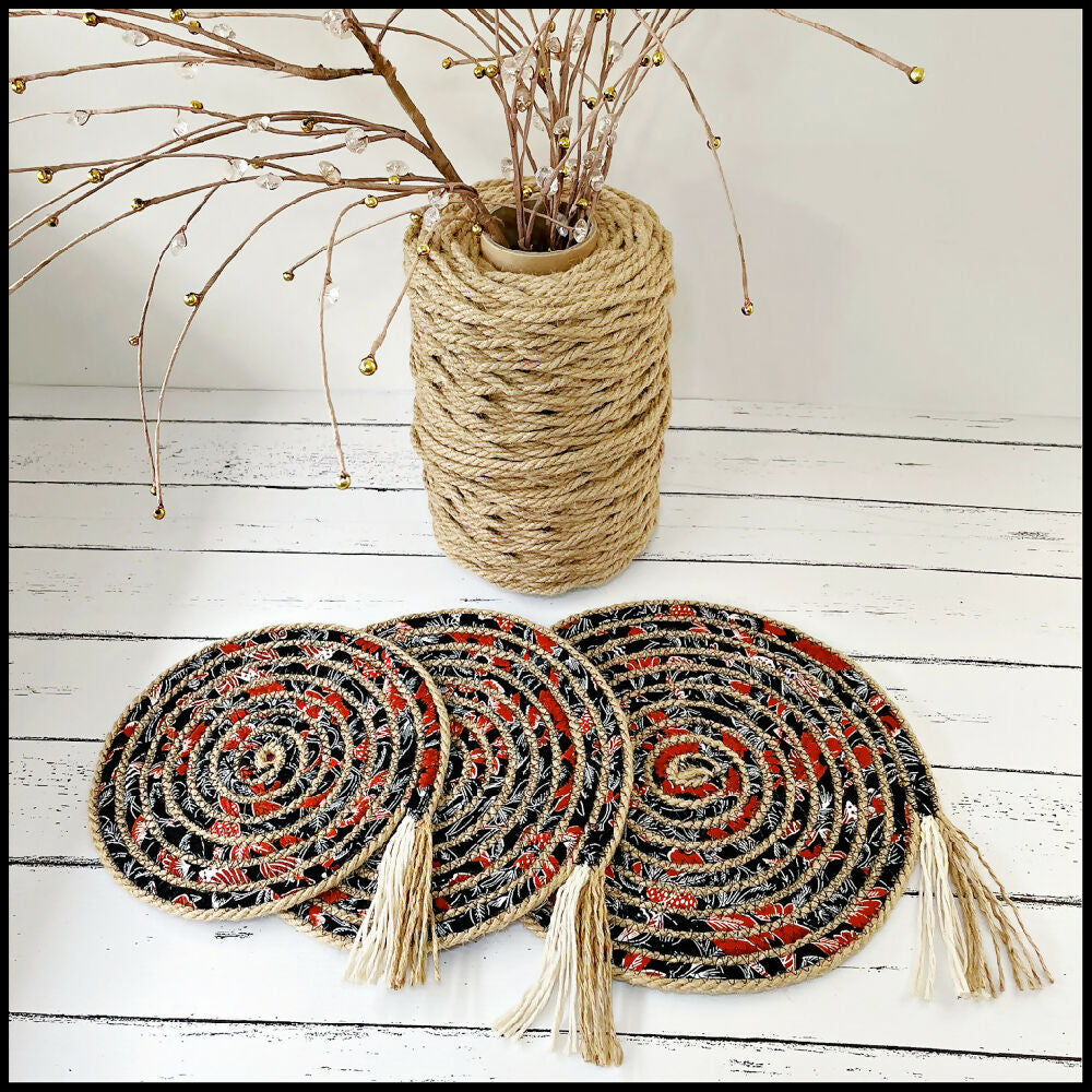 Decorative Table Mat Set - Trivet Hot Pot Protector - Red Black