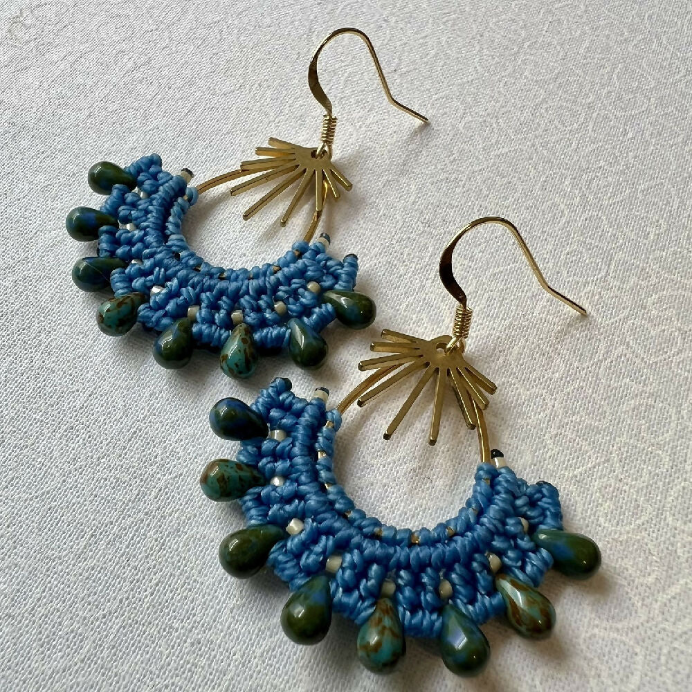 Blue Teardrop Micro Macrame Earrings +Free Microfibre Pouch