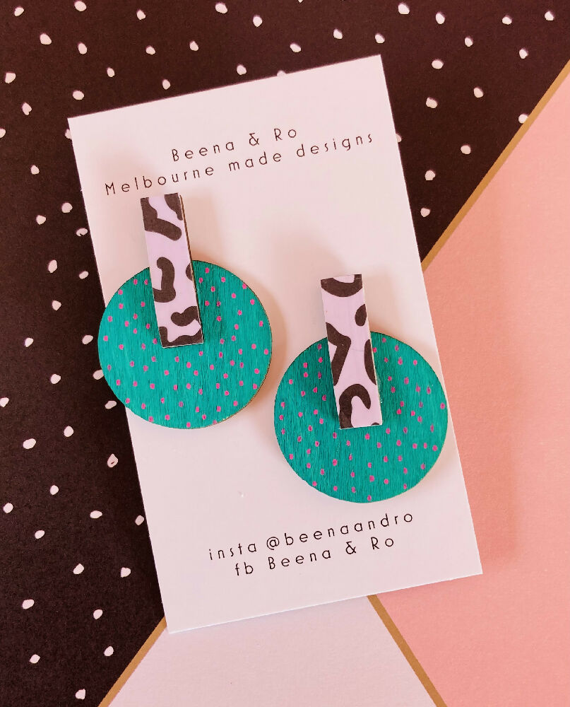 Green & animal print statement studs