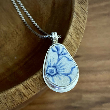 Sterling Silver Sea Pottery Bezel Set Pendant - Blue and White Flower