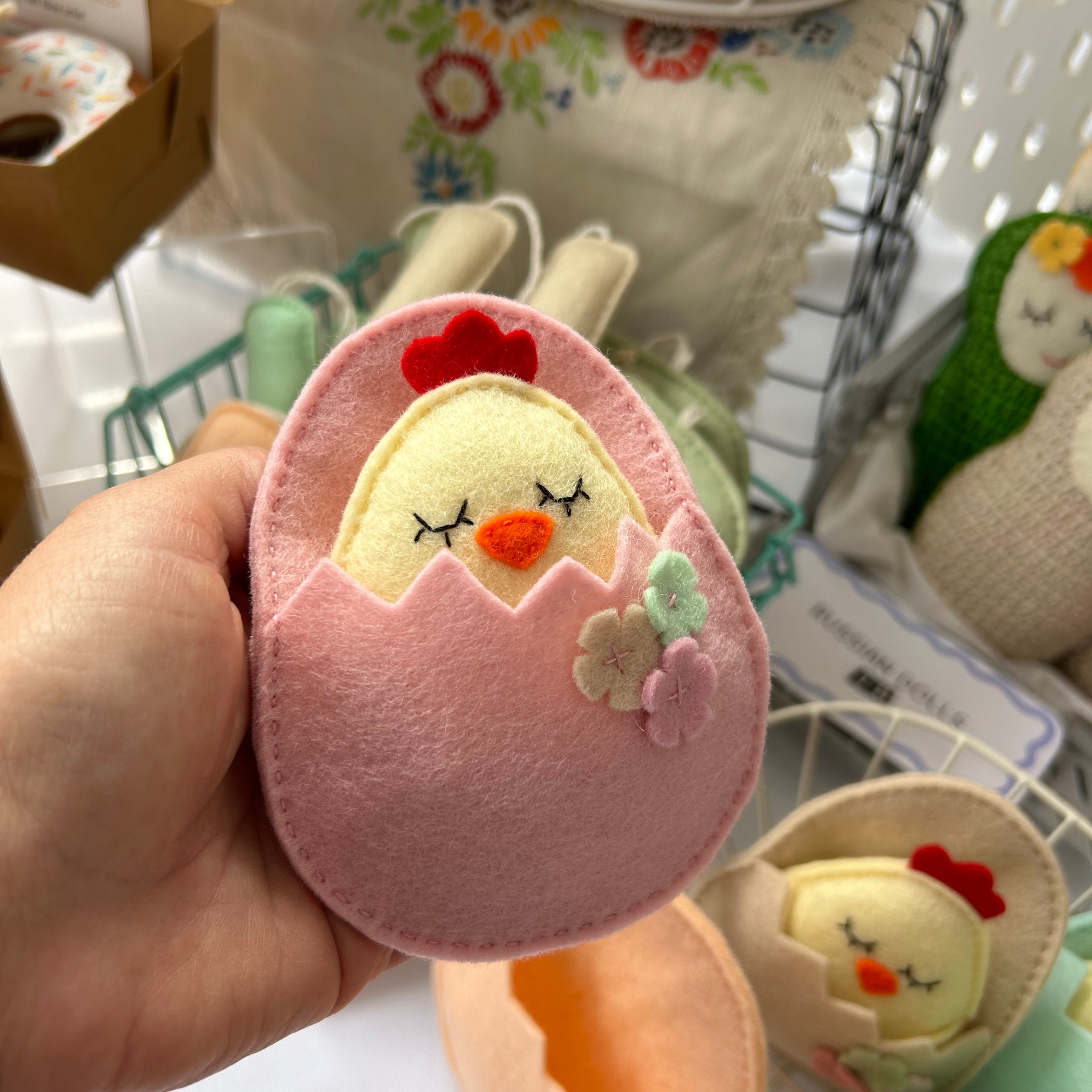Pocket chick in egg shell bed, pocket friend, gift