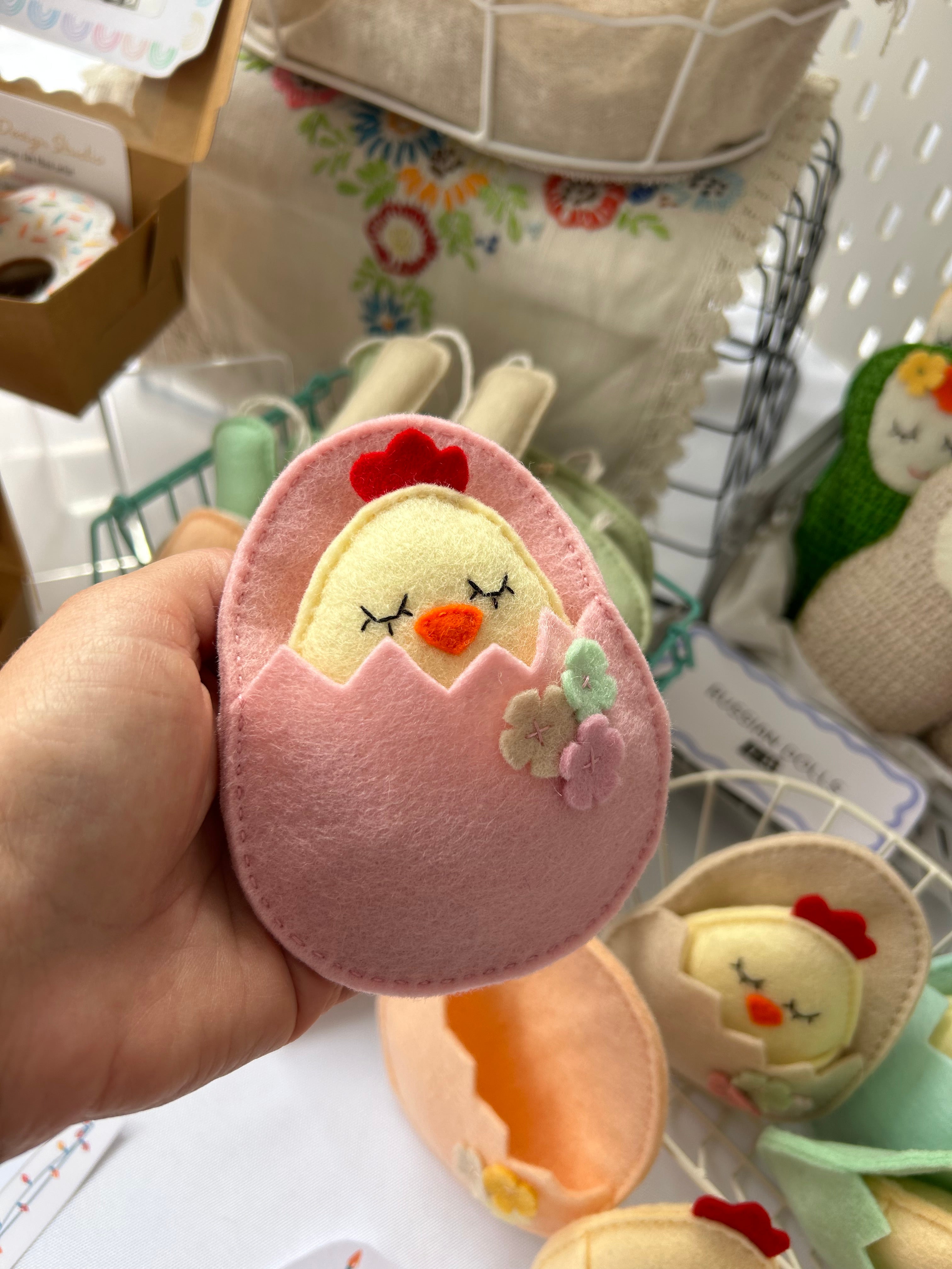 Pocket chick in egg shell bed, pocket friend, gift
