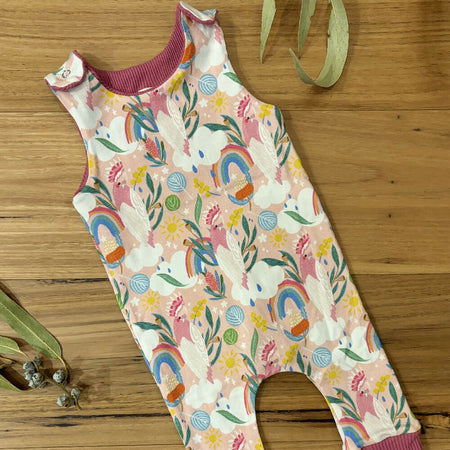 Baby Stretch Overalls - Pink Cockatoos Rainbows