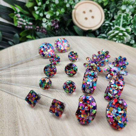 Stud Earrings Rainbow Pop Glitter Handcast Resin