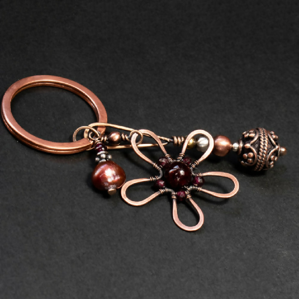 GARNET AND PEARL GEMSTONE KEYRING KEYCHAIN