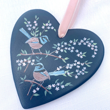 Hand-Painted Ceramic Heart Decoration - Fairywren Pair