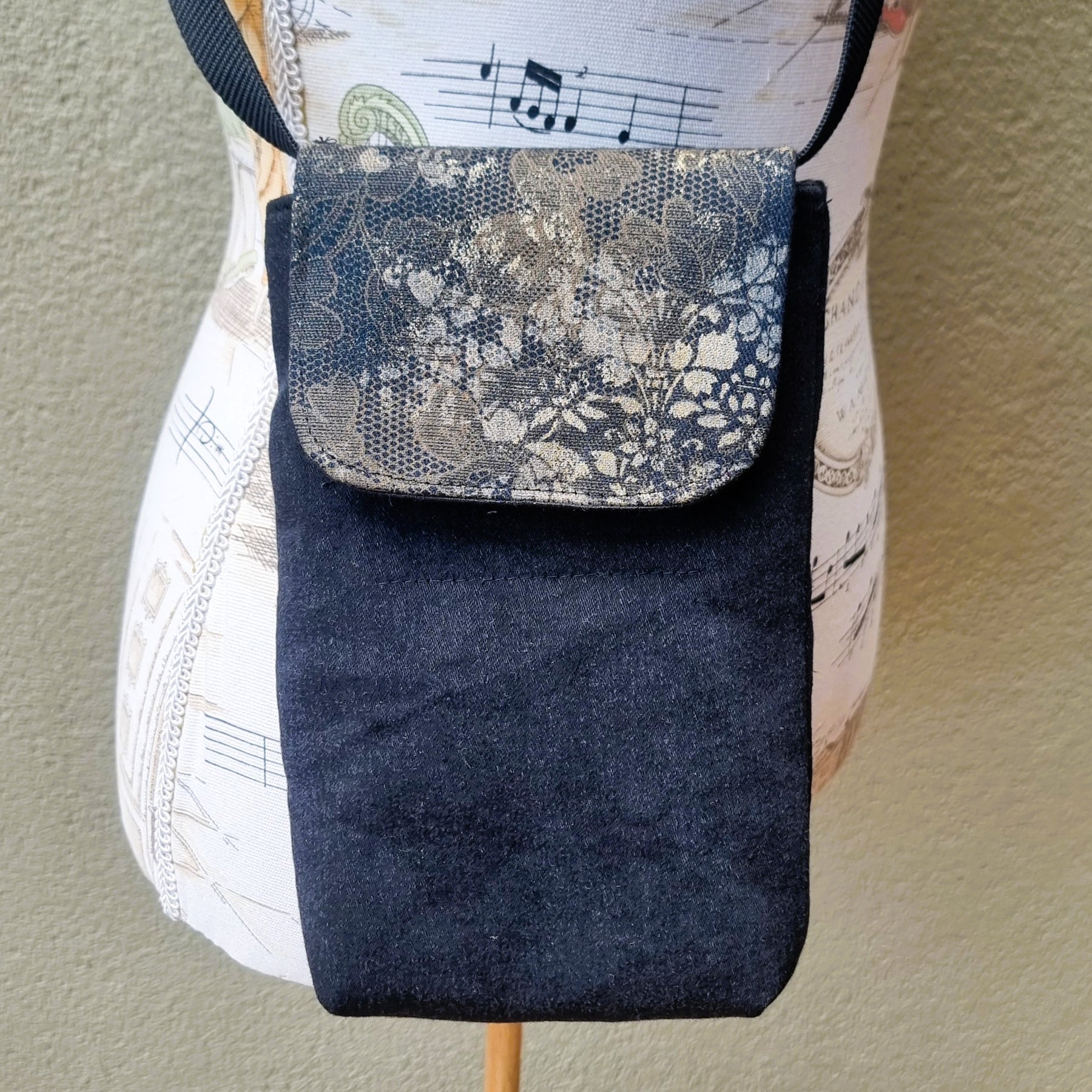 Upcycled handmade medium phone messenger bag - black denim & vintage gold lacy pattern