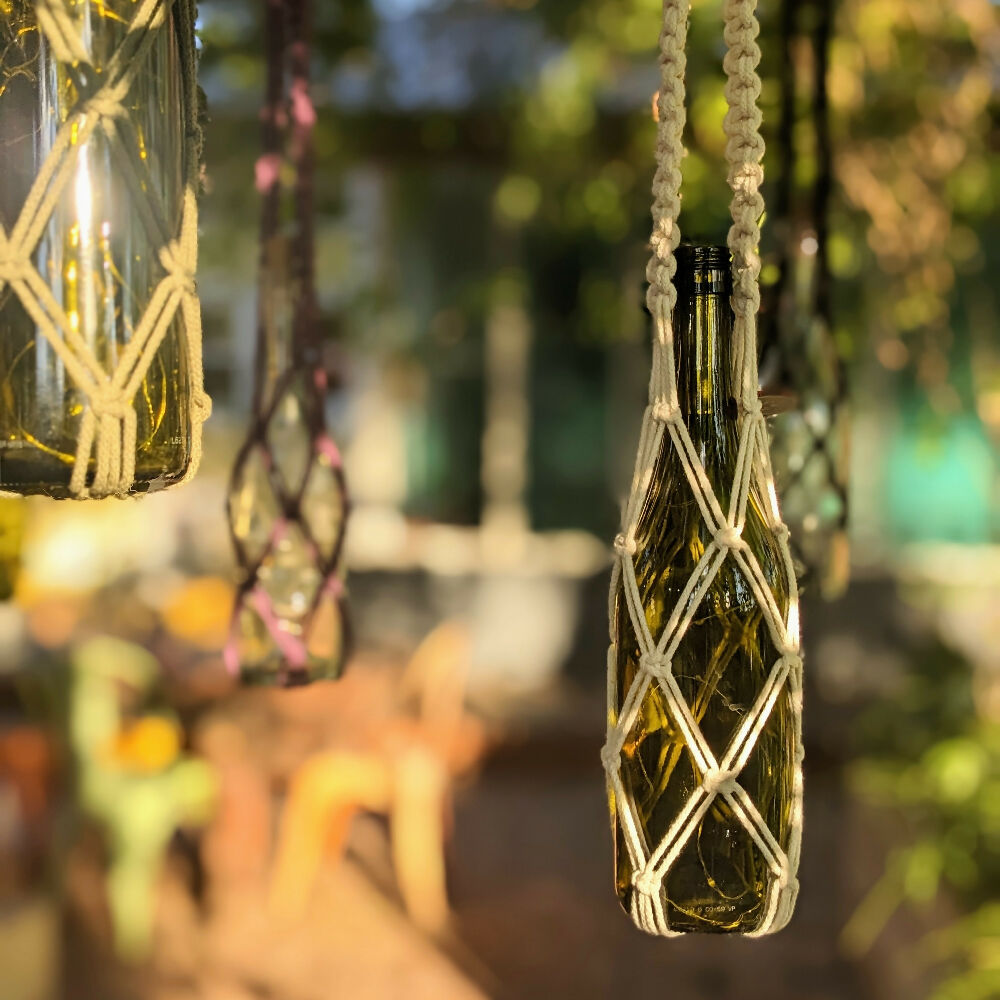 Macrame hanging wine bottle lights