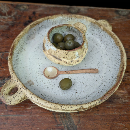 Handbuilt Ceramic Serving Platter with Matching Bowl and Spoon - Earthy, Rustic Stoneware