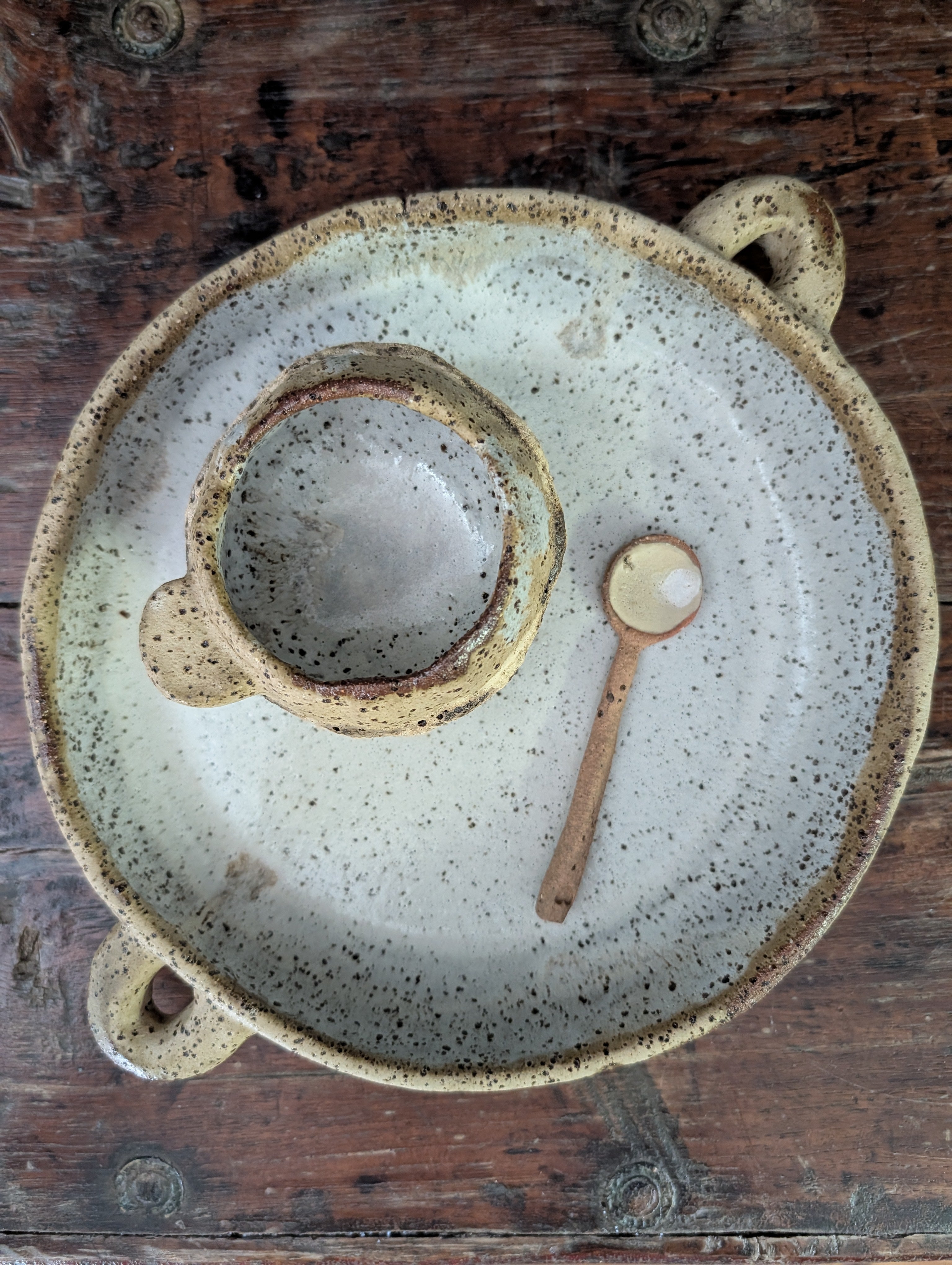 Handbuilt Ceramic Serving Platter with Matching Bowl and Spoon - Earthy, Rustic Stoneware