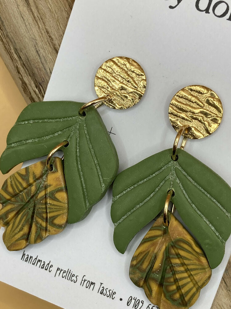 Olive and gold 3 tier feather dangle studs