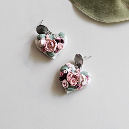 Floral bouquet heart earrings, Handmade Jewellery,Clay Earrings.