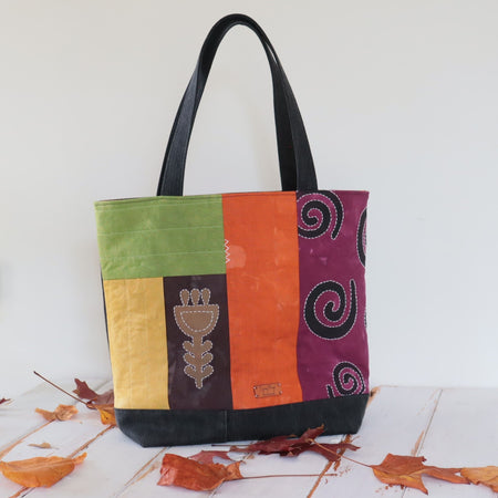 Tote Bag, Hand Dyed with upcycled denim, autumn colours