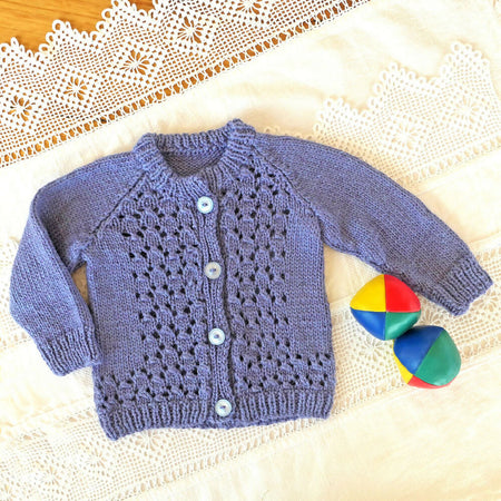 Hand made. Blueberry lace cardigan, Size 00 plus. Bamboo & wool.