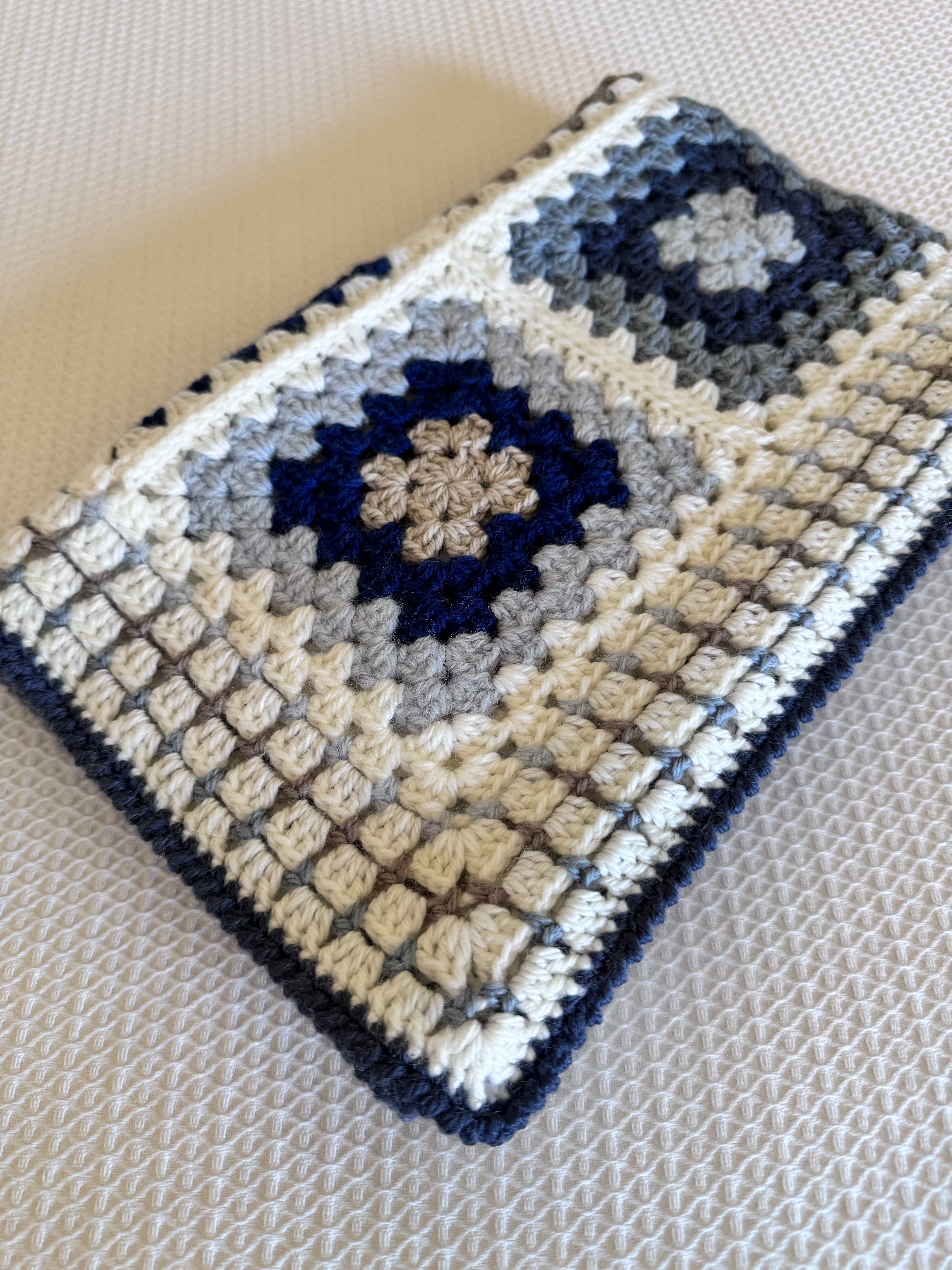 Ready to Ship Granny Square Blanket in Natural and Blue Tones