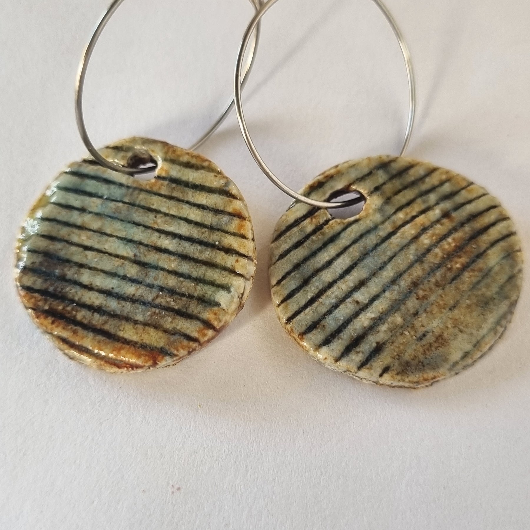 Handmade Stoneware Ceramic Earrings, blue grey multi-coloured, 28mm diameter, pierced ears