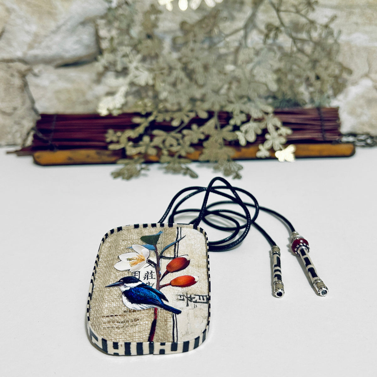 Pendant Necklace Brooch Miniature Kingfisher Collage Art - APE-35