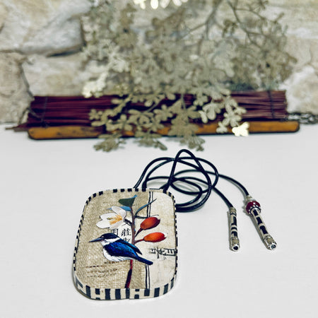 Pendant Necklace Brooch Miniature Kingfisher Collage Art - APE-35