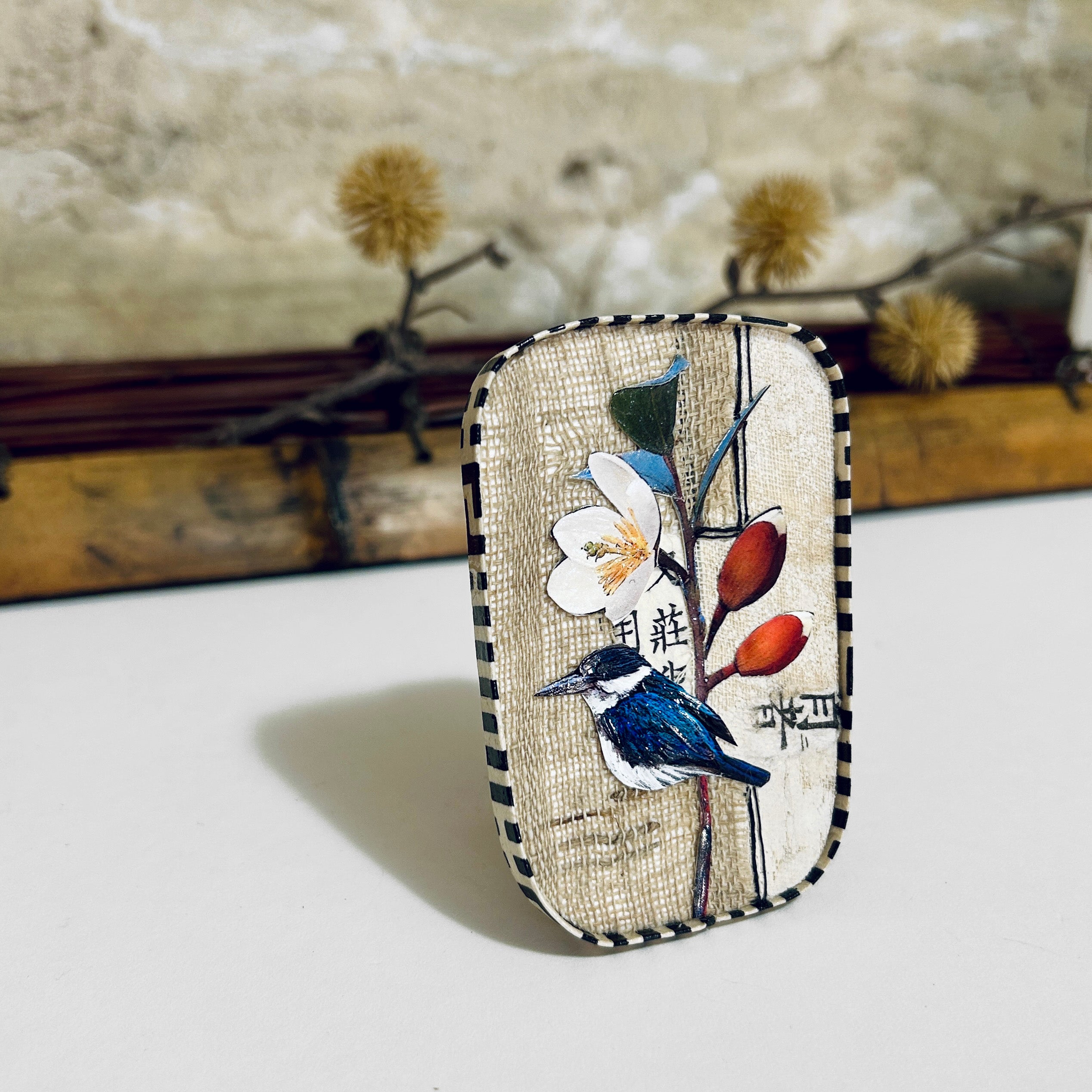 Pendant Necklace Brooch Miniature Kingfisher Collage Art - APE-35