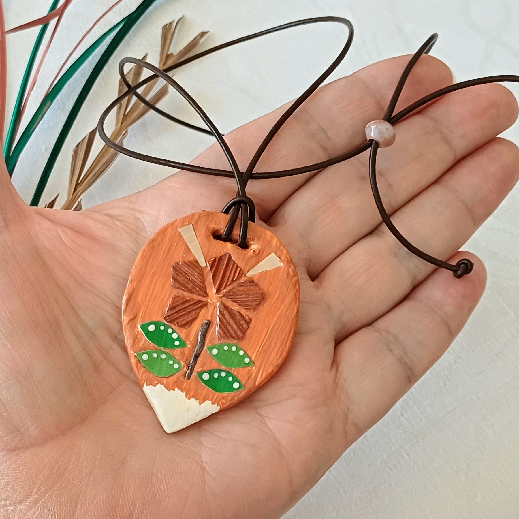 Fox Tail clay pendant Scandinavian folk art inspired