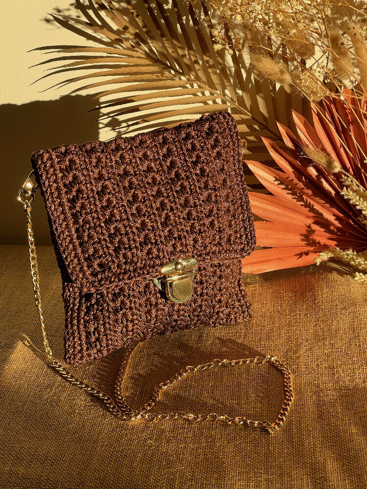 Crochet Evening/Crossbody Bag, Brown, Gold Chain Strap, 20x22 cm