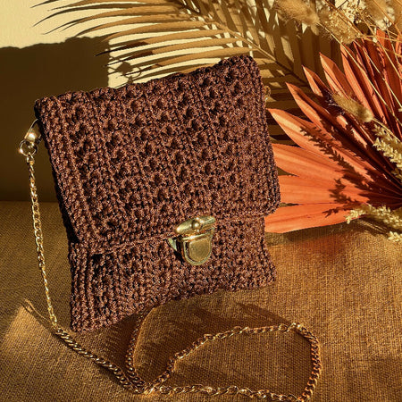 Crochet Evening/Crossbody Bag, Brown, Gold Chain Strap, 20x22 cm