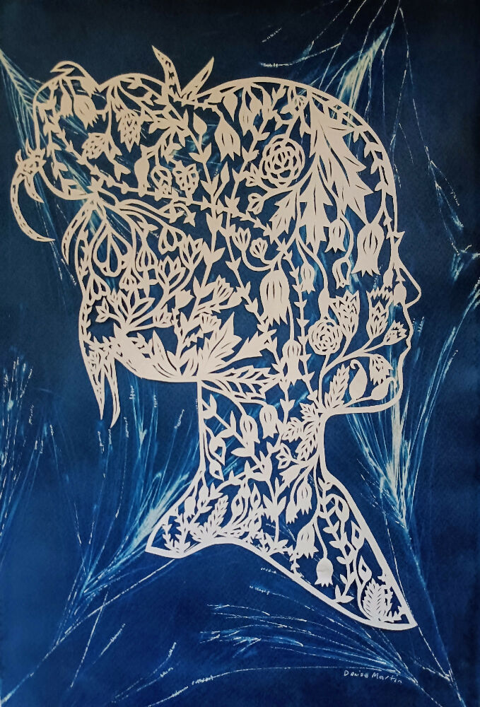 Happy thoughts- original hand cut with scalpel paper cut on original cyanotype