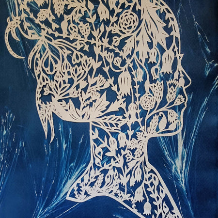 Happy thoughts- original hand cut with scalpel paper cut on original cyanotype