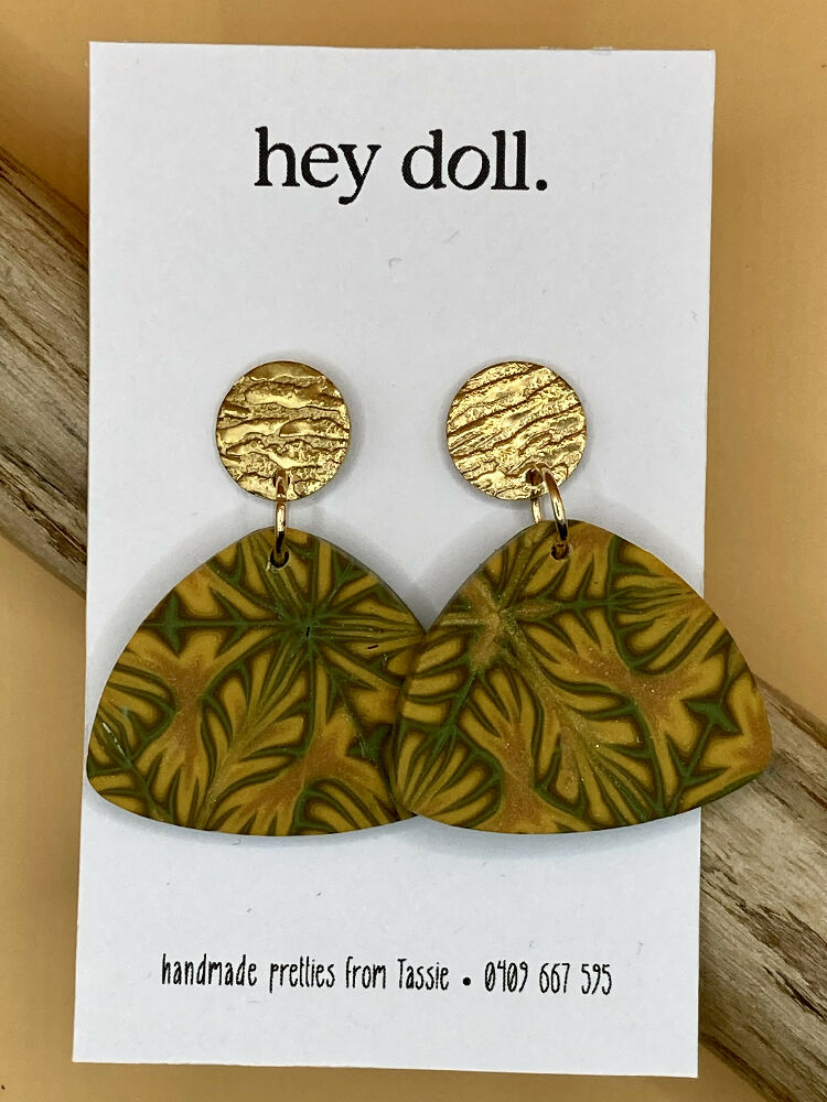 Olive and gold triangle dangle studs