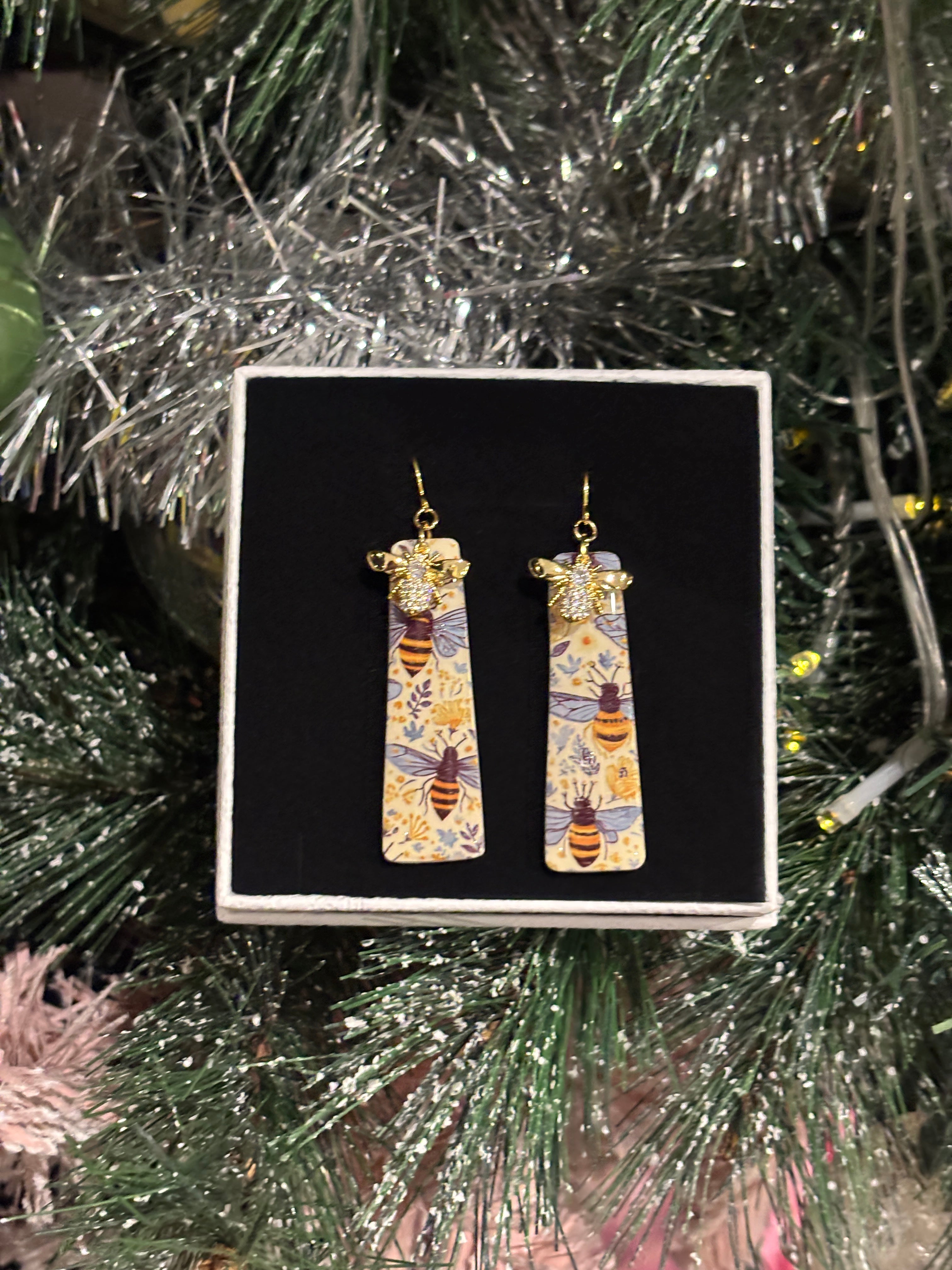 Golden Bee Garden Dangles — Nature-Inspired Polymer Clay Earrings