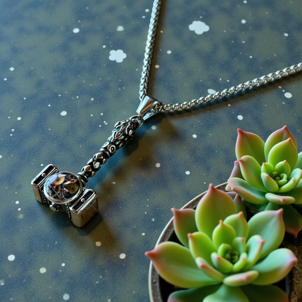 Steampunk watch parts hammer mens necklace