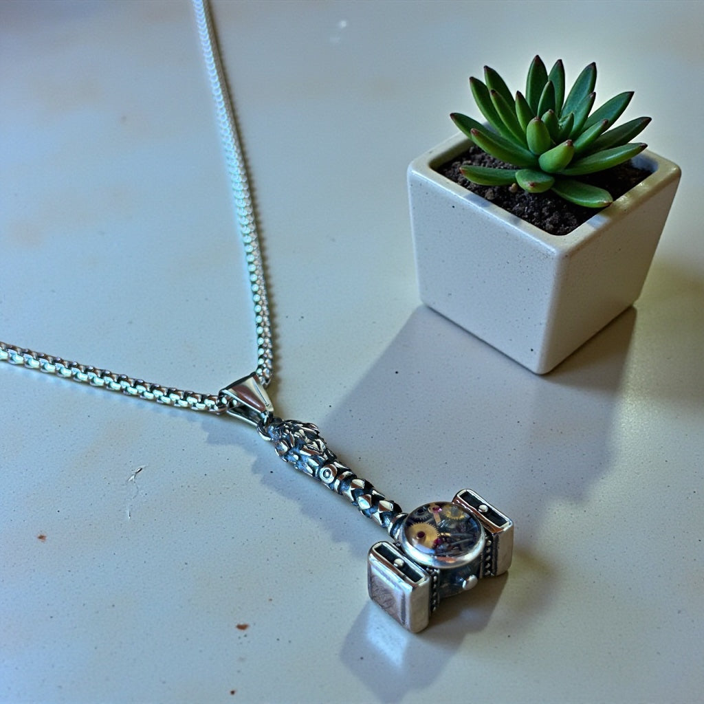 Steampunk watch parts hammer mens necklace