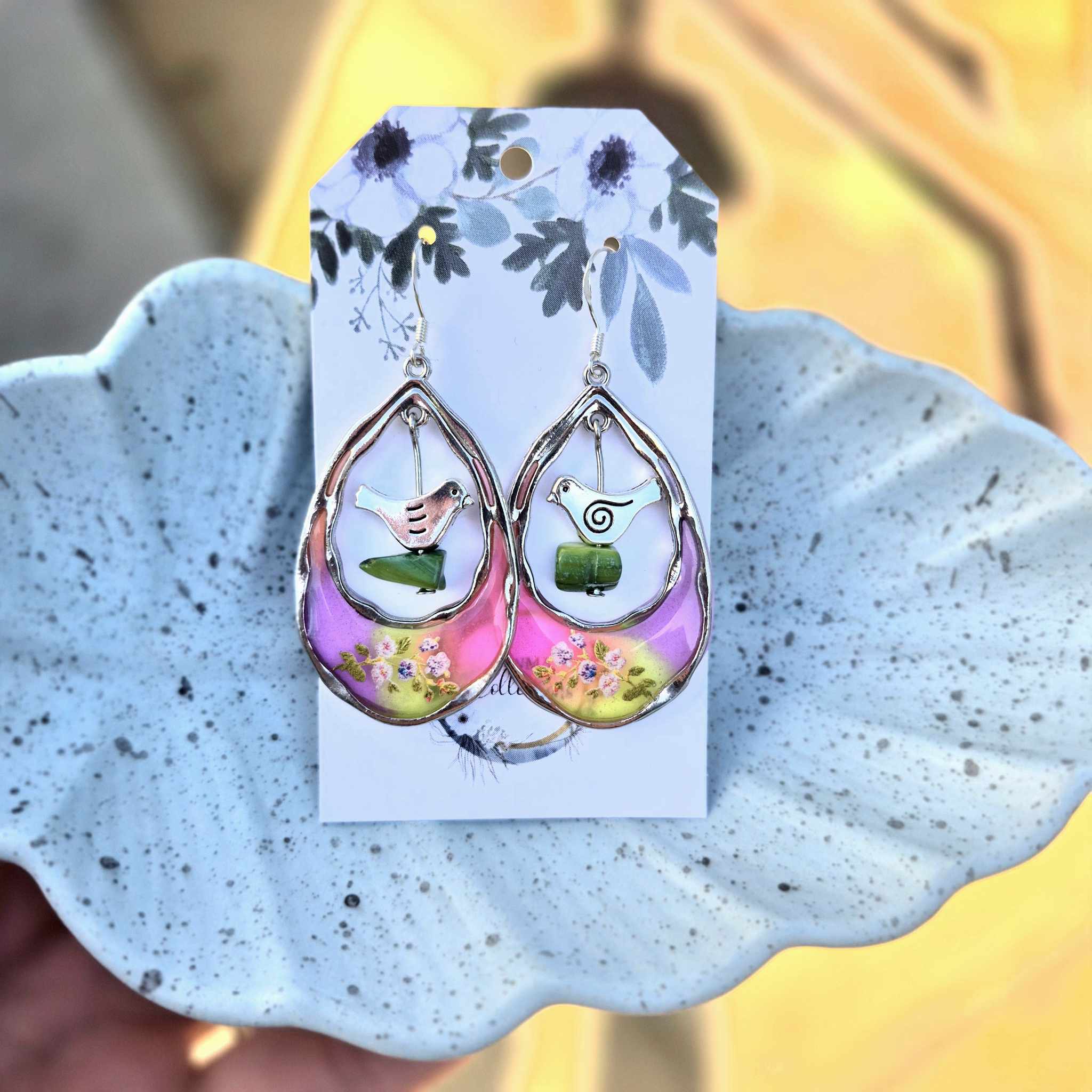 Sterling Silver Hook Resin Bird Charm Earrings